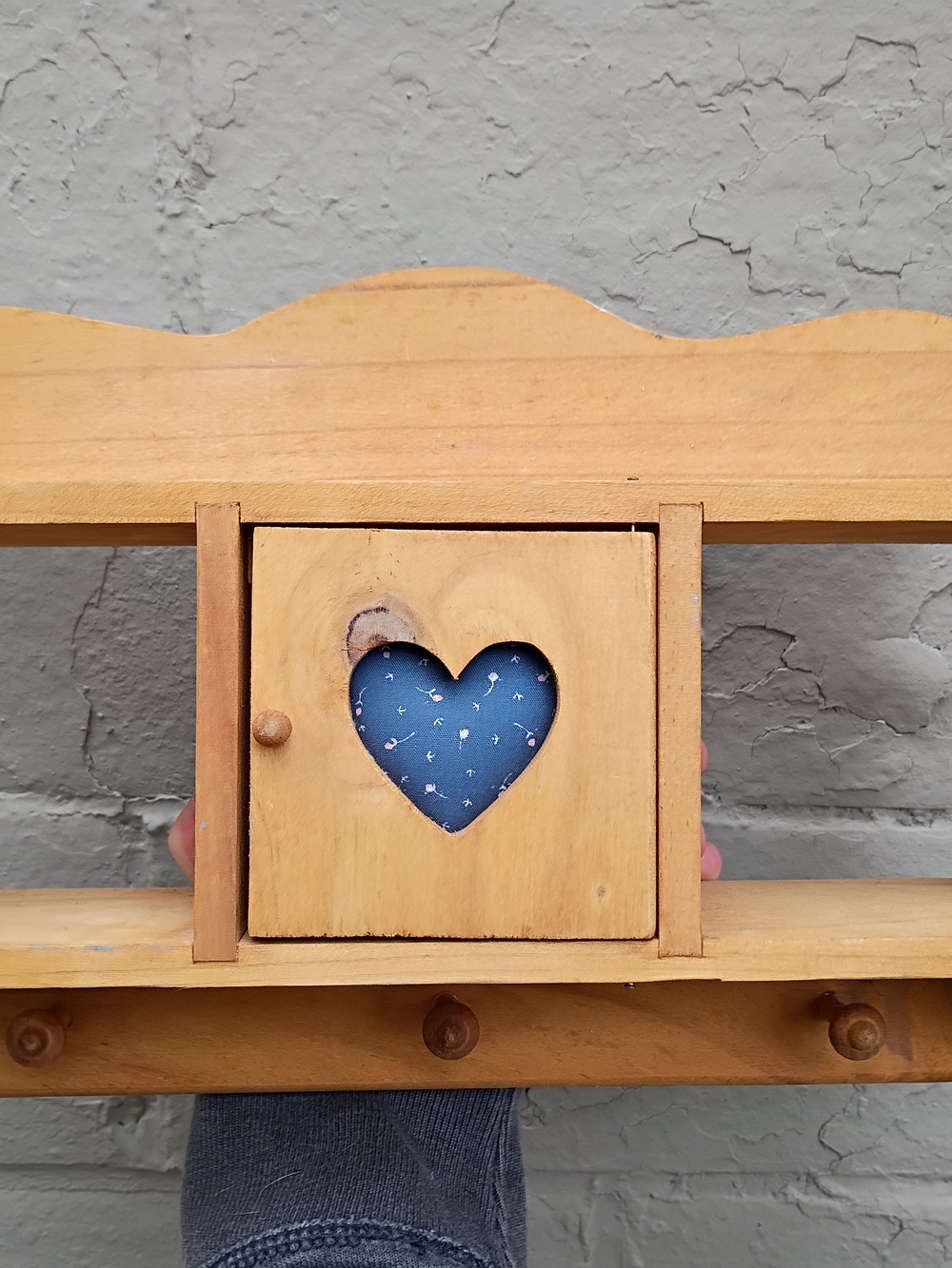 Rustic Heart-Detail Wooden Wall Shelf With Pegs